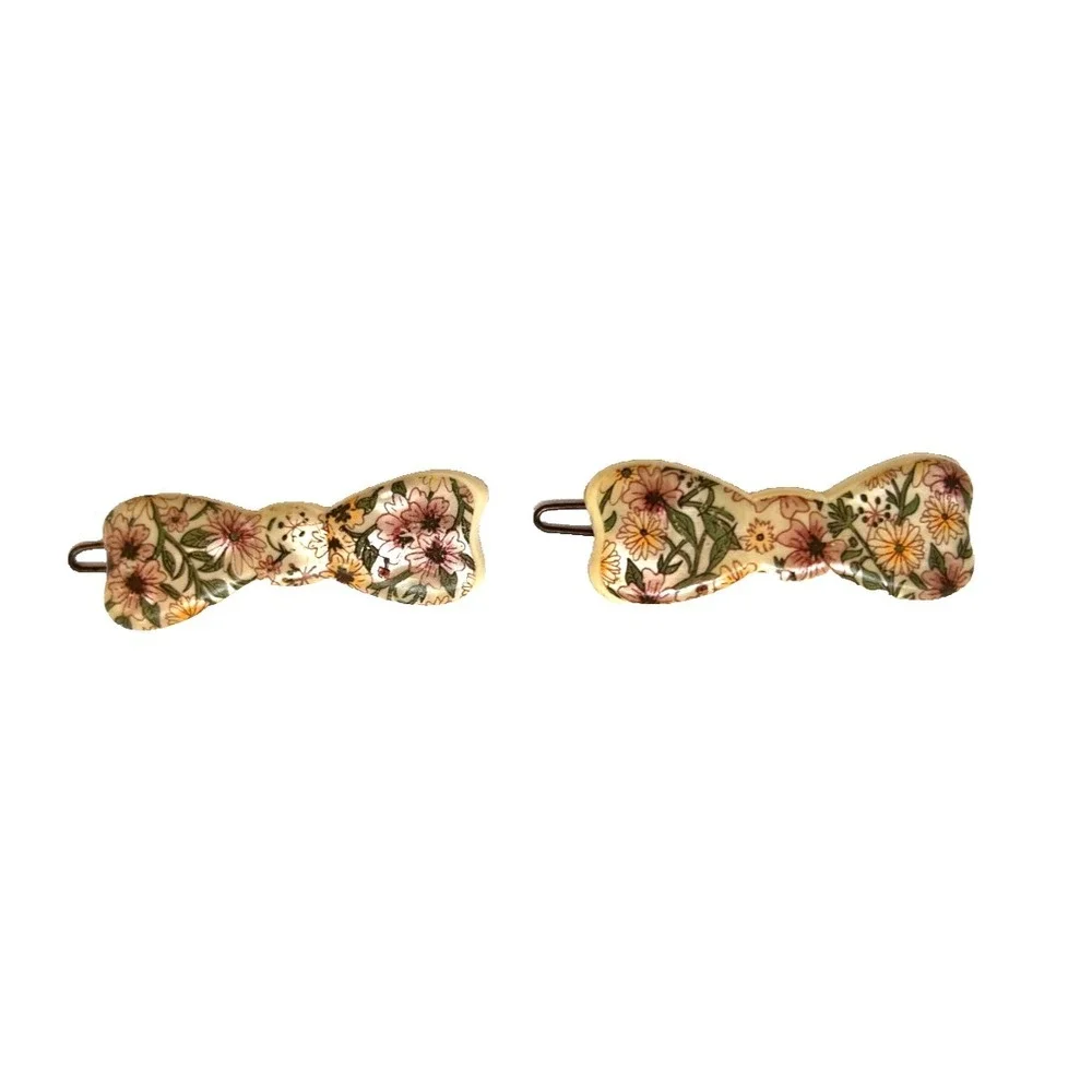 Vintage Made France Hair Barrettes Pair Bow Clips Pearl Sheen Cream Tige Boule